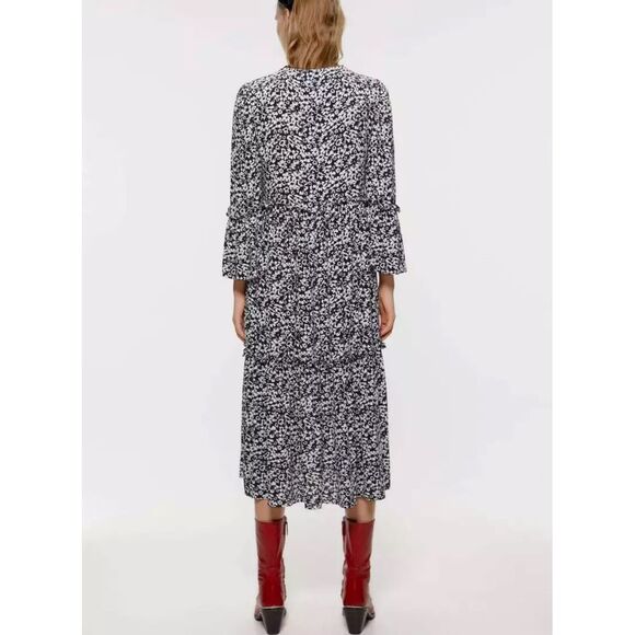 Zara white‎ black midi ruffle floral dresss size medium boho relaxed fit flowy - Picture 2 of 9